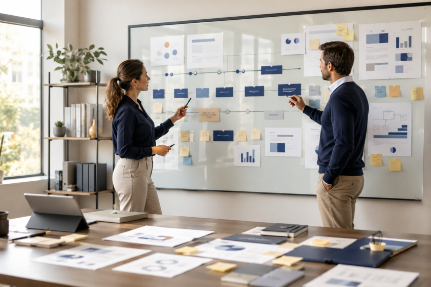 Business professionals reviewing a strategic planning framework on a glass board