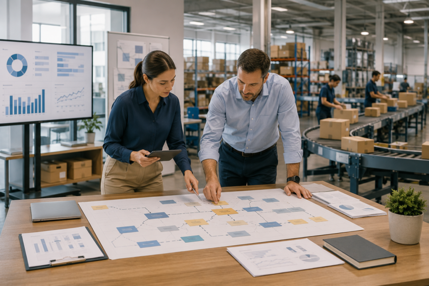 Operations managers reviewing workflow processes and performance data in a warehouse environment