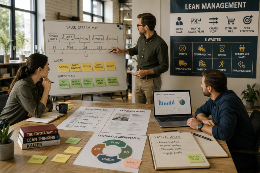 Lean management team reviewing value stream mapping and continuous improvement processes