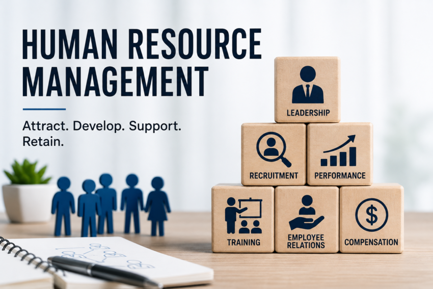 Human resource management concept showing recruitment, performance, training, employee relations and compensation