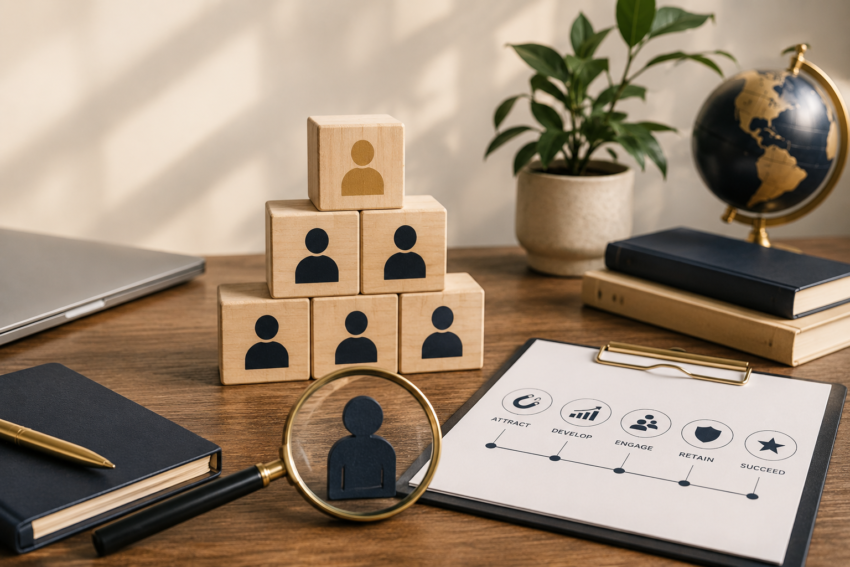 Talent management concept with employee blocks, talent selection and workforce development planning