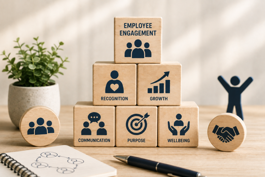 Employee engagement concept with recognition, growth, communication, purpose and wellbeing