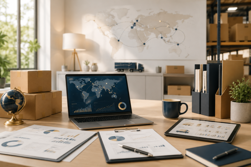 Supply chain management workspace with logistics network map, shipping boxes, analytics dashboard and planning documents