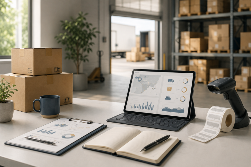 Logistics management workspace with warehouse operations, shipping boxes, barcode scanner and transport analytics