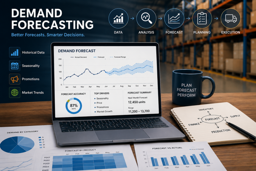 Demand forecasting dashboard with warehouse background, forecast charts, planning data and supply chain analytics