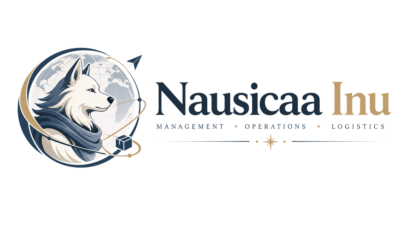Nausicaa Inu logo with a stylized dog, globe and logistics-inspired elements