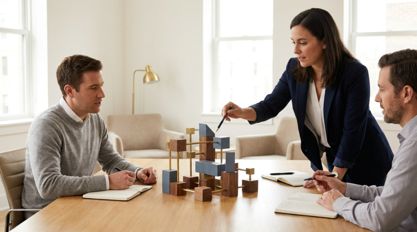 Business strategy planning with documents, workflow notes and a professional workspace